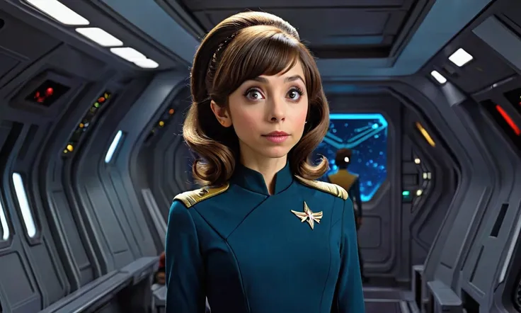 Cristin Milioti (sexy star fleet minidress uniform, 60s scifi hairdo) is on the bridge of the enterprise, an Alien energy has opened a portal to a medieval fairy tale dimension large and inviting
