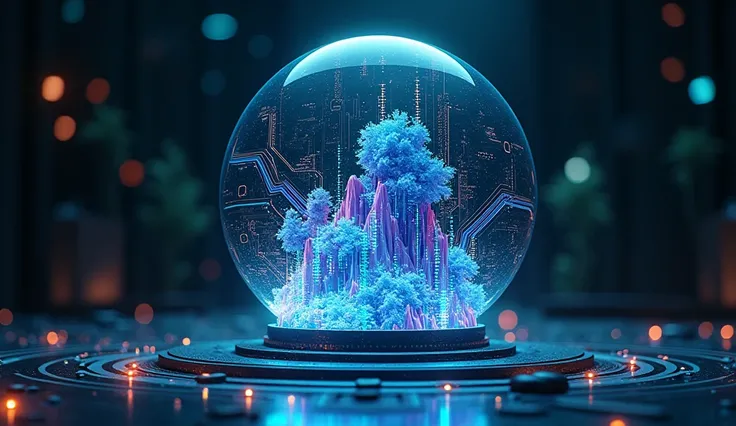 Cyber Environment: Theres a universe inside a glass sphere 、stage,  digital data and code patterns flow continuously over the surface .  LED lights embedded in the glass flash to the music.,  abstract colors and shapes create a hypnotic effect .