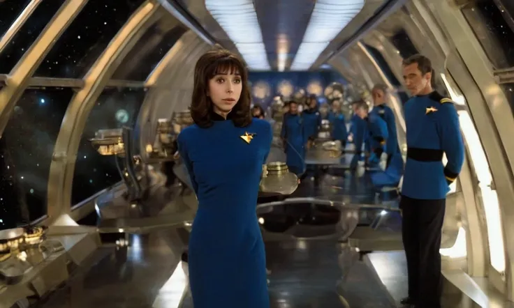 Cristin Milioti (sexy star fleet minidress uniform, 60s scifi hairdo) is on the bridge of the enterprise, an Alien energy has opened a portal to a medieval fairy tale dimension large and inviting
