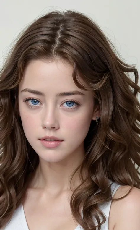 AMBER HEARD beautiful  with white skin., Blue eyes (((long,  curly brown hair ))), forehead, school