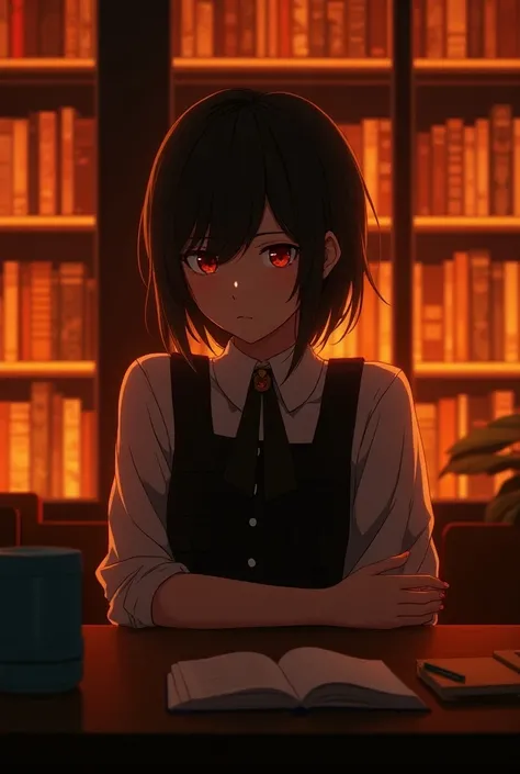 a teenage anime girl with a somewhat rebellious appearance in a library illuminated with orange lights astetit without any rays of sunshine with a good atmosphere that she is seated and that the table is in front of her and that she has a good animation 