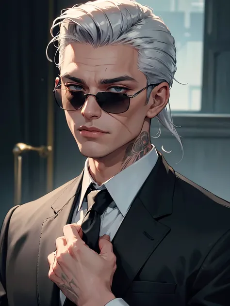 (best lighting), (((best quality, masterpiece:1.2))), (((absurdres))), one man, slick back silver hair, clean shaven, lean, muscular, wearing a black suit and tie, black sunglasses, facial scar, tattooed hands and neck, cinematic, hazy, diffused light 