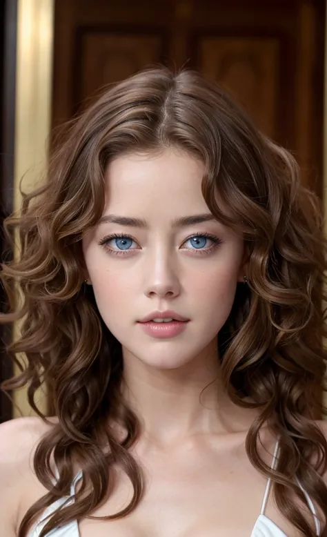  AMBER HEARD beautiful  with white skin., Blue eyes (((long,  curly brown hair ))), forehead, Surcharge 