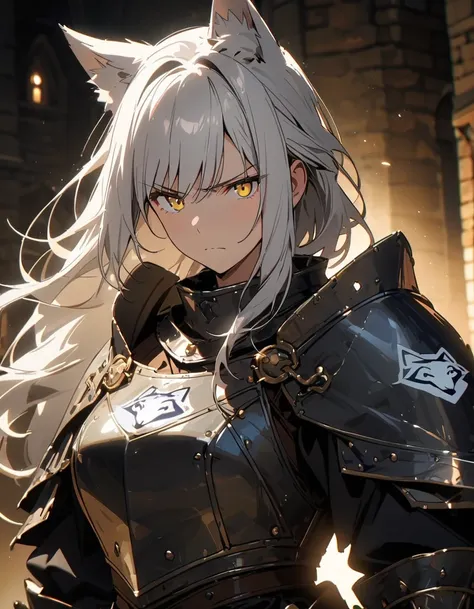 Masterpiece, best quality, 8k, dramatic lighting, 1girl, white hair, yellow eyes, serious face, black light armor with wolf logo, clothes with wolf logo, wolf logo(mature female, eye wrinkles), medieval