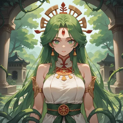 score_9, score_8_up, score_7_up, 2d, anime style, temple background. A dryad woman. majestic figure with long, flowing green hair intertwined with vines and leaves. Her eyes shimmer like emeralds, reflecting the life of the forests she protects. Her skin h...