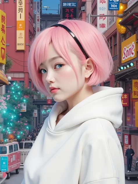 a woman with pink hair  in a city, cute girl with short pink hair, pink short hair, with pink hair, short pink hair, pink twintail hair and cyan eyes,  flowing pink hair, pink wispy hair, guweiz, girl with short white hair