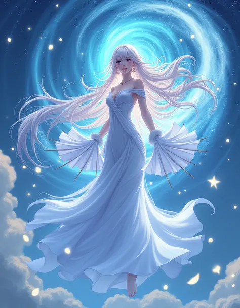 An anime. wind,  falling from heaven ,  quietly wraps around the great body of a girl ,  carrying the power of many gods .  She is Stomania ,  Lord of the Winds and Titanus Ventorum .  } Immediately, she amazes the eye with her graceful body ,  fans, remin...