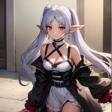 1 girl,  twin tails,  very long hair ,  silver hair,  pointed ears, elf,cute white bra、cute white panties,  earrings for a woman...