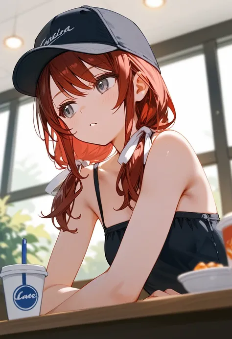 1girl, solo, dark red hair, low twin tails, white ribbons, gray eyes, swept bangs, small breasts, toned arms,looking away, close-up, bare shoulders, strapless black shirt, black baseball cap, jeans, below view leaning forward, upper body, cafe, indoors, ma...