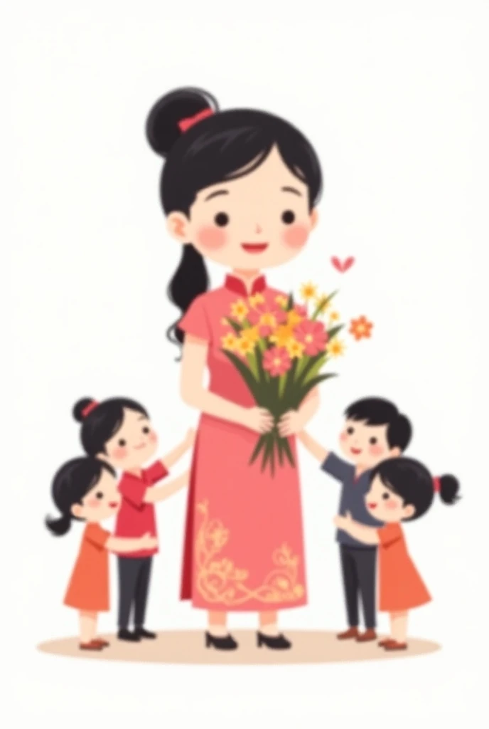 Draw a chibi image of a teacher wearing a pink ao dai receiving flowers from students on a white background more Vietnamese