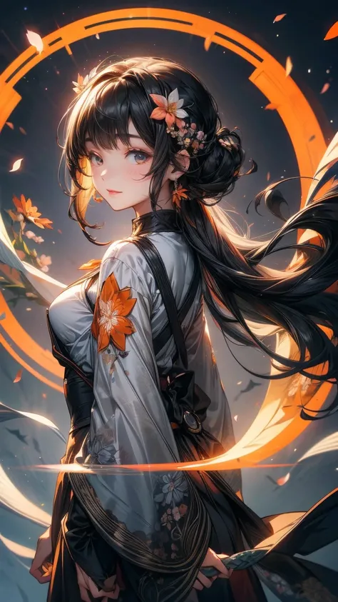 1girl, hair over one eye, asymmetrical bangs, hair behind ear, black straight hair, small breast, closed eyes, light smile, floating swords, grey and orange tectical kinono, Harness, grey and orange tectical tech wear, flower decoration, cherry blossom, to...