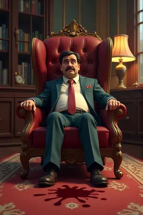 Generate images in cinematic 3d cartoon style 
Discovery of Ashoks Body

"Inside a vintage-style room, a wealthy businessman named Ashok Mehra lies dead in his chair, a mysterious bloodstain on the floor beside him."