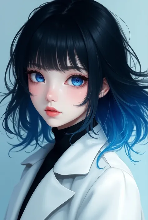 Girl with black and blue hair, blue eyes, white jacket