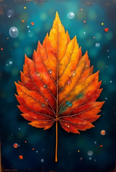 A captivating illustration of a vintage impasto painting, depicting a magical autumn leaf with dew. The leaf is a breathtaking blend of red, yellow, green, orange, brown, and purple hues. The sky above is an enchanting mix of deep blue tones at dawn. The b...