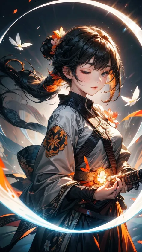 1girl, hair over one eye, asymmetrical bangs, hair behind ear, black straight hair, small breast, closed eyes, light smile, floating swords, grey and orange tectical kinono, Harness, grey and orange tectical tech wear, flower decoration, cherry blossom, to...