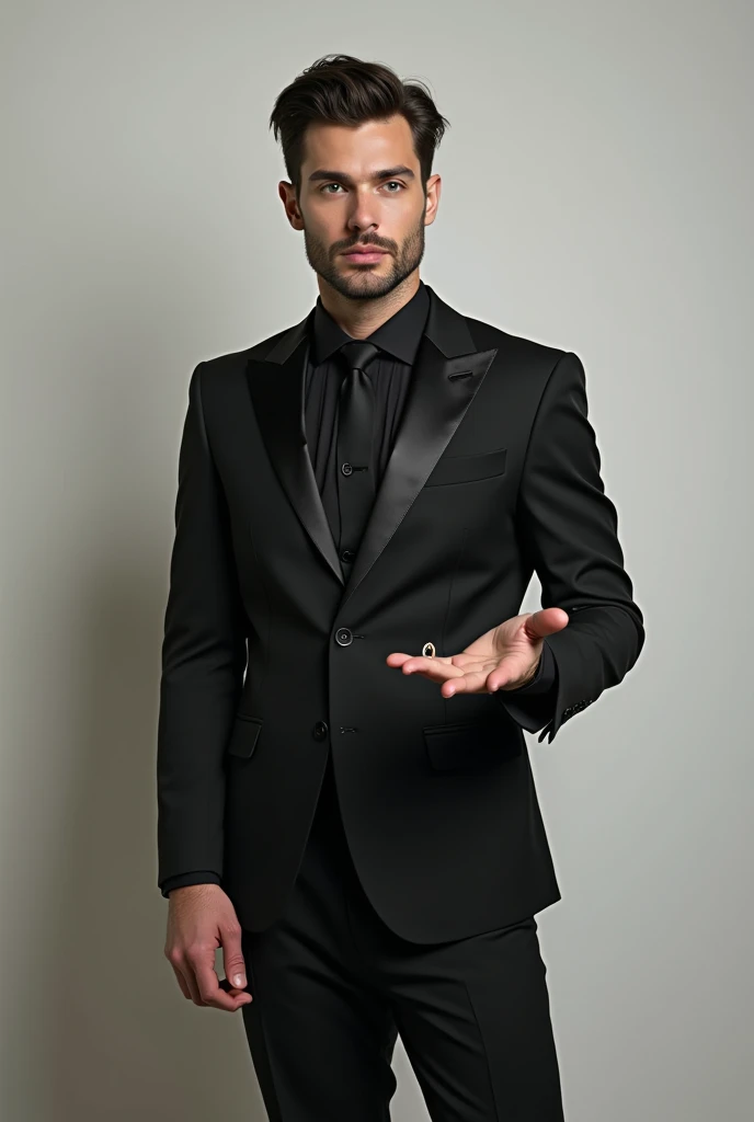 A handsome man wearing a black wedding dress, holding a ring