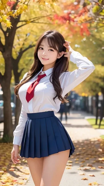 Beautiful 18 Year Old Japanese Girl , Like々 VERY CUTE  ,(  Cowboy Shots ),Going to school,(A tree-lined street with beautiful autumn leaves :1.5),   white shirt  , (High school sailor uniform), ( Red Ribbon Tie), Deep waistline, (  deep blue super short pl...