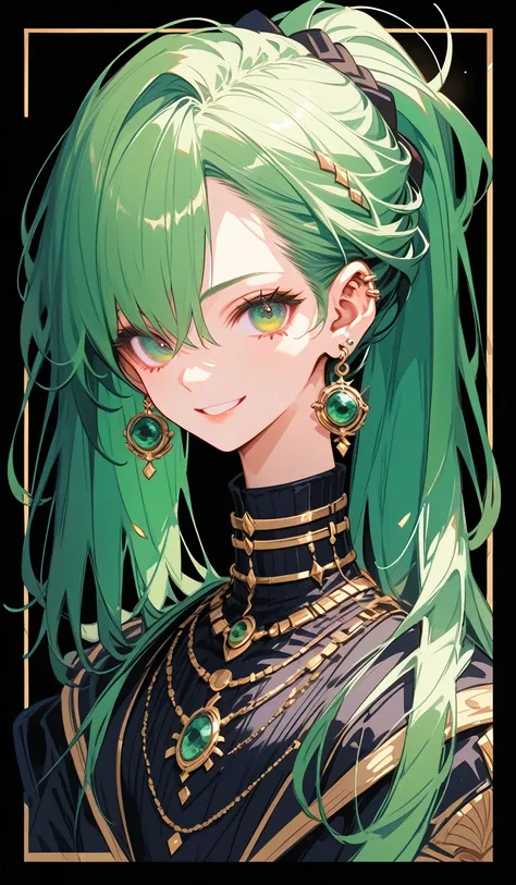 concept art, anime art, character sheet, Simple Background, whole body, Full Body Design, Front View, straight hair, green hair, ponytail, inner color for hair, droopy eyes, beautiful eyes, longeyelashes, mole under left eye, piercing in right ear, fearles...