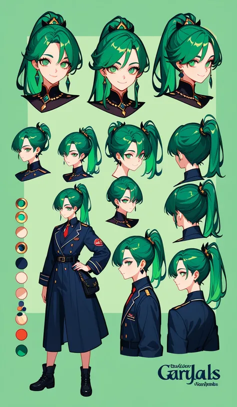 concept art, anime art, character sheet, Simple Background, whole body, Full Body Design, Front View, straight hair, green hair, ponytail, inner color for hair, droopy eyes, beautiful eyes, longeyelashes, mole under left eye, piercing in right ear, fearles...