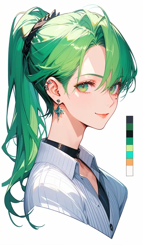 concept art, anime art, character sheet, Simple Background, whole body, Full Body Design, Front View, straight hair, green hair, ponytail, inner color for hair, droopy eyes, beautiful eyes, longeyelashes, mole under left eye, piercing in right ear, fearles...