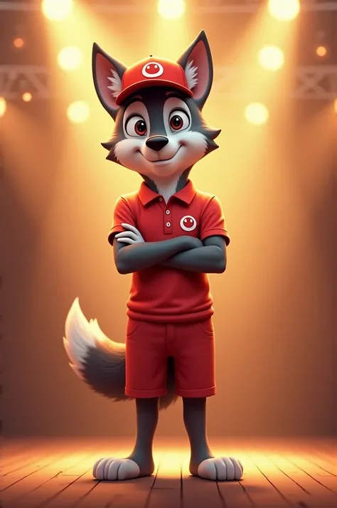 (Create a friendly, cartoon-style wolf character wearing a red cap and matching red polo shirt with a white smiley face logo on both the cap and shirt. The koala should look confident and approachable, with a soft smile and arms crossed. For the bottom hal...