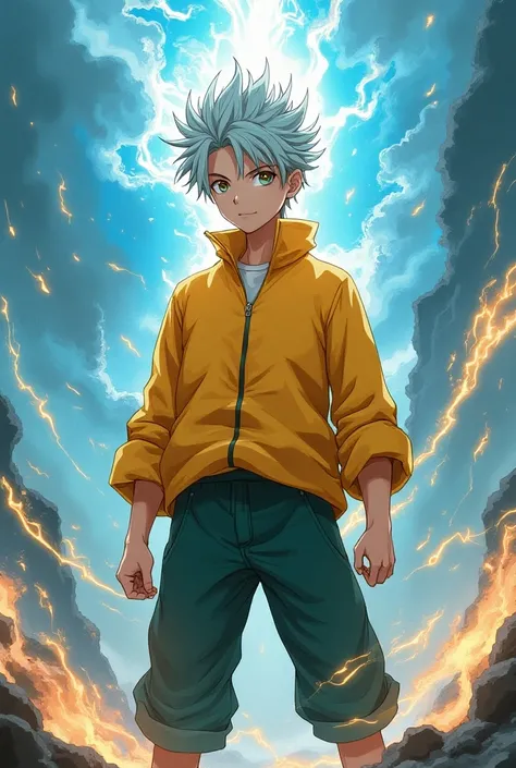    A 20-year-old boy with gray hair   , Color clothing yellow   ,    And an elemental anime-style magnetism