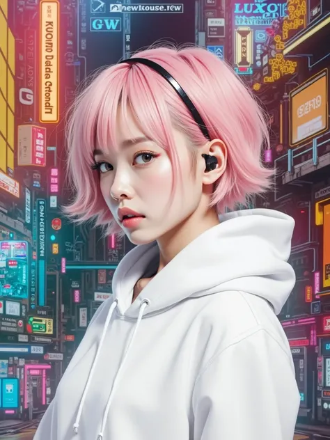 a woman with pink hair in a cyber city, led lights, neon lights, cyber city, cooling looking girl with short pink hair, pink short hair,hypebeast, white cyber hoodie short pink hair, pink, flowing pink hair, pink wispy hair, ultra realistic, korean model, ...