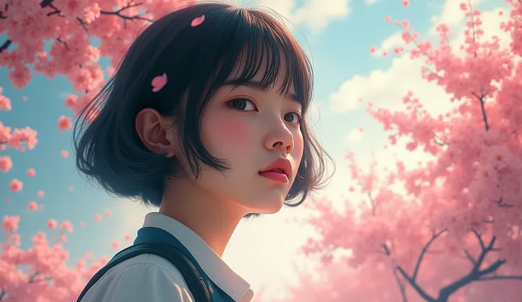 Create an explosive and visually dynamic Photo painting realistic "A full side 
 portrait of a young Chinese woman who fell absent-minded and so sad., lonely love in a fantastic environment in Japan "technique": "Use pastel colors and ethereal atmospheres ...