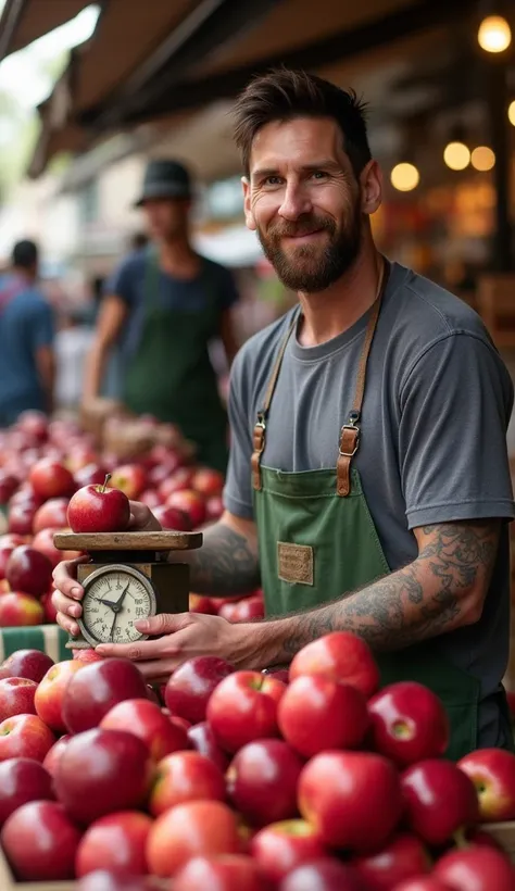 Got it! Let’s picture **Lionel Messi**, the legendary footballer, in a **raw market**, selling apples. Here’s a creative description of that scene:

---

In the heart of a **bustling raw market**, where vibrant stalls are overflowing with fresh produce, **...