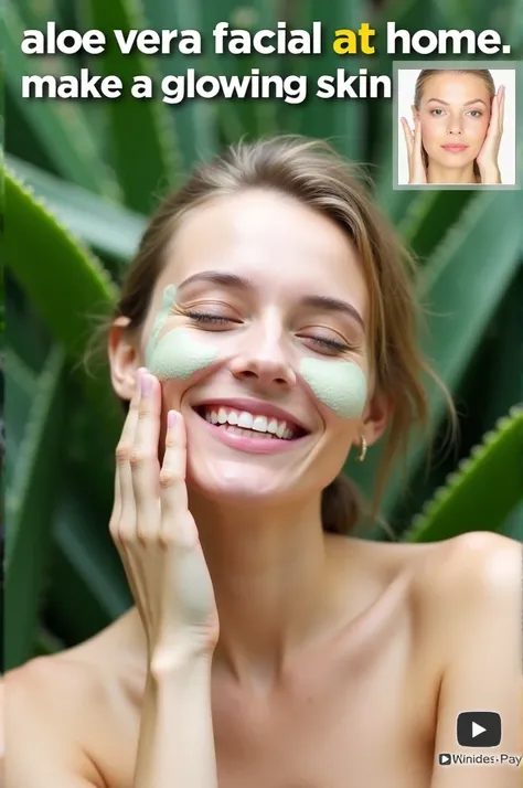 Main Theme: The image promotes an "Aloe Vera Facial at Home" for achieving glowing skin.

Background: The background is filled with large, vibrant green aloe vera leaves, giving a natural and fresh vibe to the image.

Main Model:

The central figure is a w...