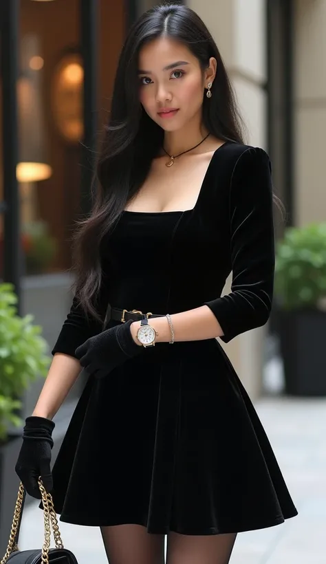 Pakistan Woman, aged 25, has white skin and long black hair. She is wearing a stylish, fitted black velvet skater dress with long-sleeves and square-neckline design. The dress has a flared skirt, enhancing its chic and edgy look. She pairs it with sheer bl...