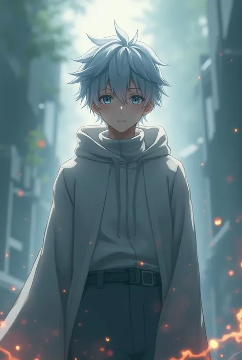    A 20-year-old boy with gray hair   , Color clothing gray   ,    Y an anime-style elemental radioactive