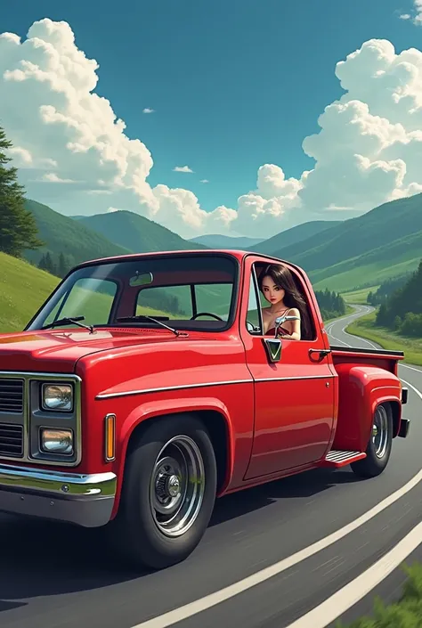 ((Best Quality)), ((masterpiece)), (  Details),  1 girl, Japanese beauty driving a red pickup truck