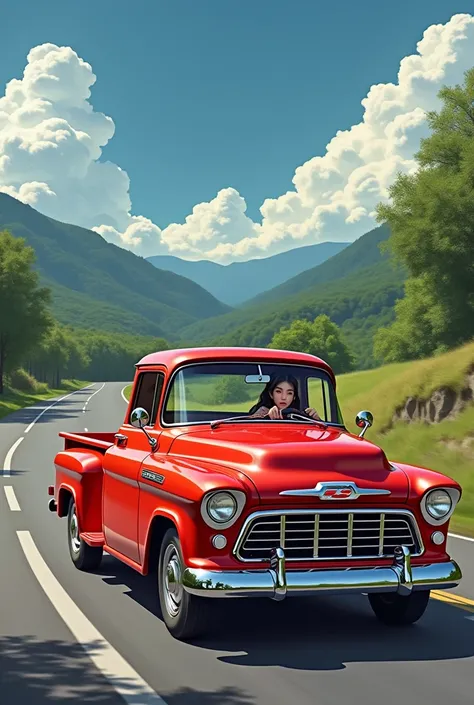 ((Best Quality)), ((masterpiece)), (  Details),  1 girl, Japanese beauty driving a red pickup truck