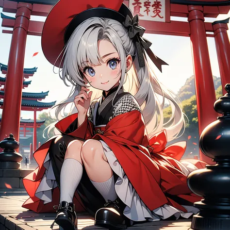 1girl,The best composition、Red Torii Gate、Mysterious、 absurd、 perfect anatomy、cute神様、cute、cute、Handsome face、Baby Face、（ beautiful eyes、Detailed eyes）、（ Best Details、The best configuration、 perfect anatomy）、Big top hat、Full body front、Front、 facing the vie...