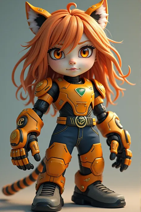 A girl with a tiger robot hand and a tiger tail, has electric powers, and reddish yellow eyes. 