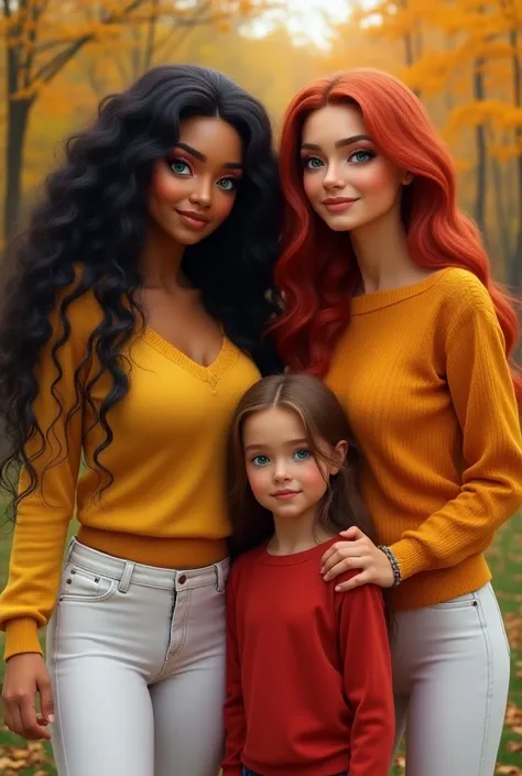 Female realistic with tan skin, long black hair with rainbow highlights, bright green eyes, big breast, big lips, wearing a orange sweater, white leggings, with a second female, with long bright red hair, wearing a yellow sweater, white leggings, and with ...