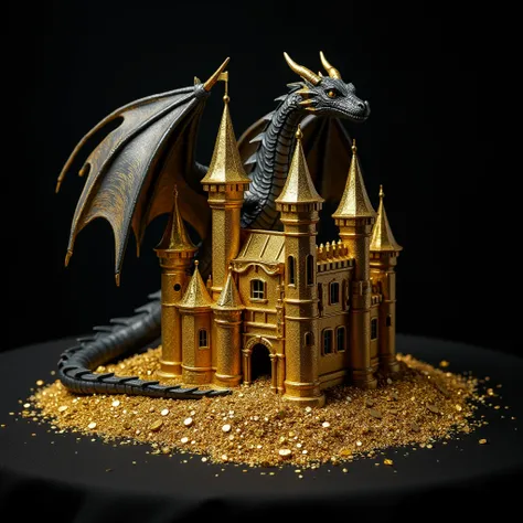 a golden castle with a gold treasure scattered in outside and theres a long black  dragon in the background guarding  the castle,the dragons long body is guarding around the castle and its 
wing is spreading in the air,"OLYMPUS DRAGONS" is the written unde...