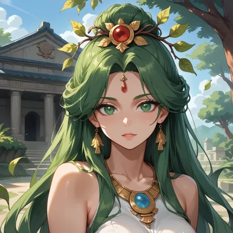 score_9, score_8_up, score_7_up, 2d, anime style, temple background, greek tones, greek god. A dryad woman. majestic figure with long, flowing green hair intertwined with vines and leaves. Her eyes shimmer like emeralds, reflecting the life of the forests ...