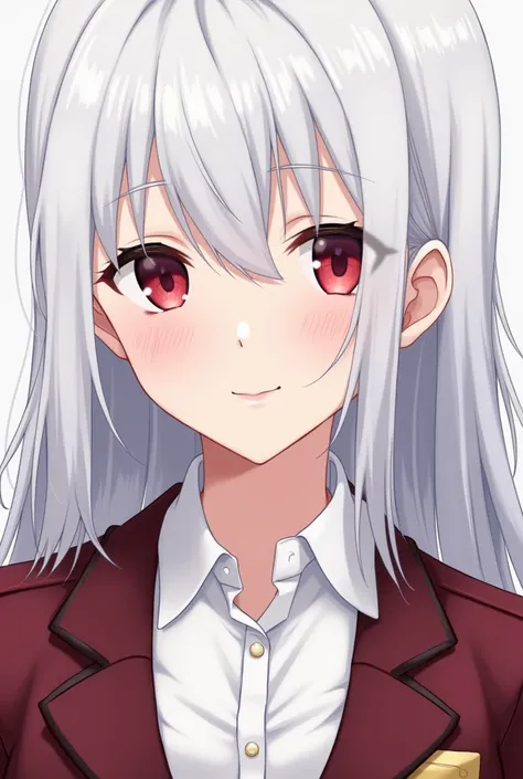 anime art: create a ID photo of a teenager girl close-up with her hair colored white and straight. she is undeniably gorgeous. shes wearing a maroon blazer and white blouse uniform, her eyes are dark red. her eyes are sharp-almond and her aura is austere.