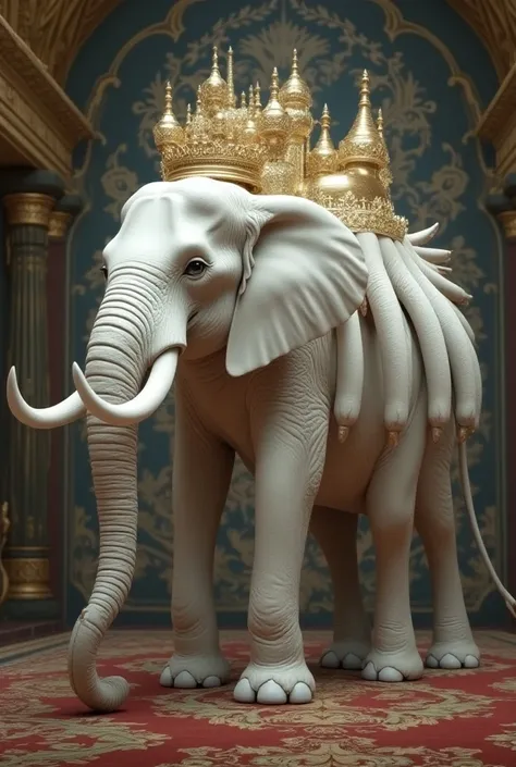 The white royal elephant has 33 heads, in the same head there are four legs.