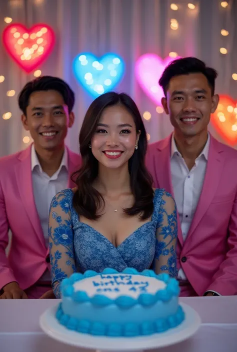 hyperrealistic couple photo of 4 people consisting of, a beautiful 30 year old Indonesian woman, straight hair with a round face, wearing a blue floral patterned dress, sitting smiling with a blue and white birthday cake with the words "Happy birthday CNS ...