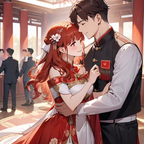  The woman who is a member of the Chinese Communist Party physically and mentally wears a Chinese bridal dress with beautiful red hair, and they pledge absolute loyalty and love to a great Chinese Communist Party executive man, and they love each other by ...