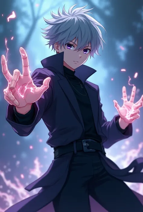    A 20-year-old boy with gray hair   , Color clothing negro   ,    Y an anime-style elemental psíquico 