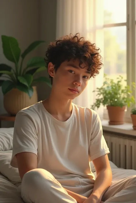 (photorealism:1.2), 18y old boy sitting on bed, jawline face, wearing white T-shirt and night pants, short curly hair, indoors, soft lighting, plants in background, window with sunlight, cozy room, relaxed pose, realistic, warm colors, 