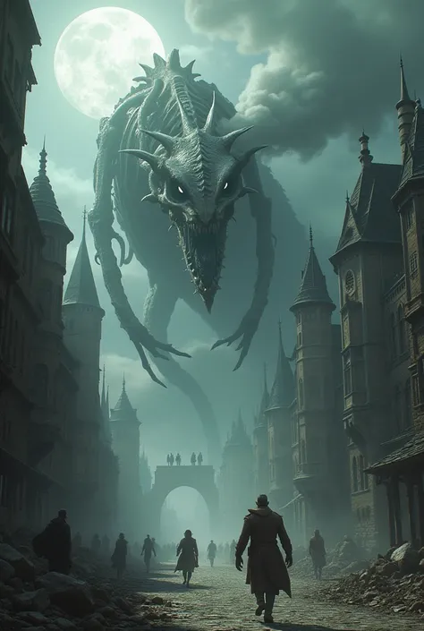 A skeletal Dragon with poison breath and White Eyes, the dragon is destroying and medieval city