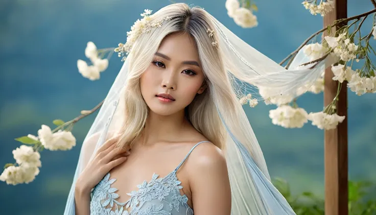 a young nude vietnamese woman with long, flowing platinum blonde hair, adorned with delicate blue and white flowers that complement her ethereal look. She is dressed in a light blue outfit with intricate lace detailing, giving her a soft and elegant appear...