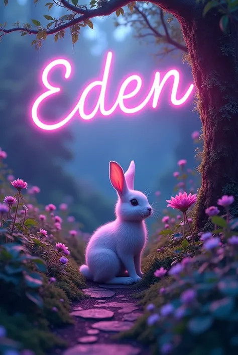 EDÉN with bunny and EDEN sign with capital letters in cursive Neon purple and pink