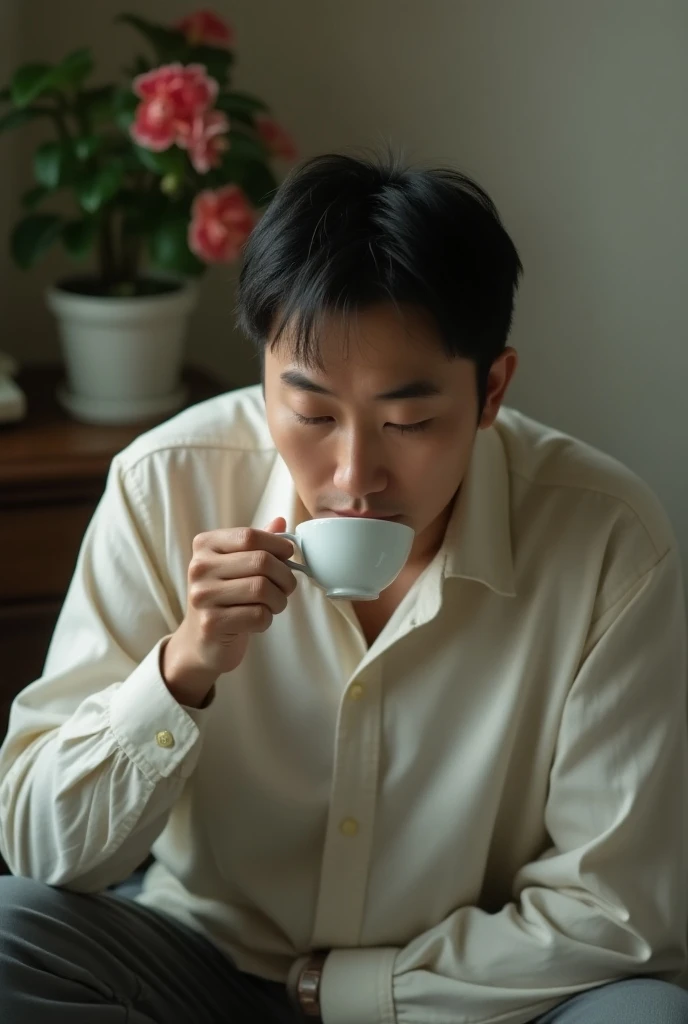 A Korean man with short hair is sitting on his bed drinking tea. 
Age: 40 to 45 years old, short hair and thin face is fully visible
camera angle :  front & low angle
Scene: There is a telephone on a small table on the right side and flowers are blooming i...