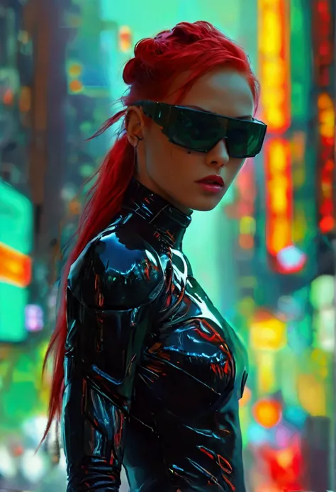  Create an image of a fierce warrior , femme orientée action debout sur un toit futuriste. She is wearing an elegant ,  scene from a cyberpunk action movie , big neckline. Long light red hair styled back ,  and shes wearing dark sunglasses that reflect the...